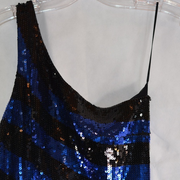 BLue Black Striped Sequin One Sholder Mini Dress Sz S BEDO - Picture 6 of 7